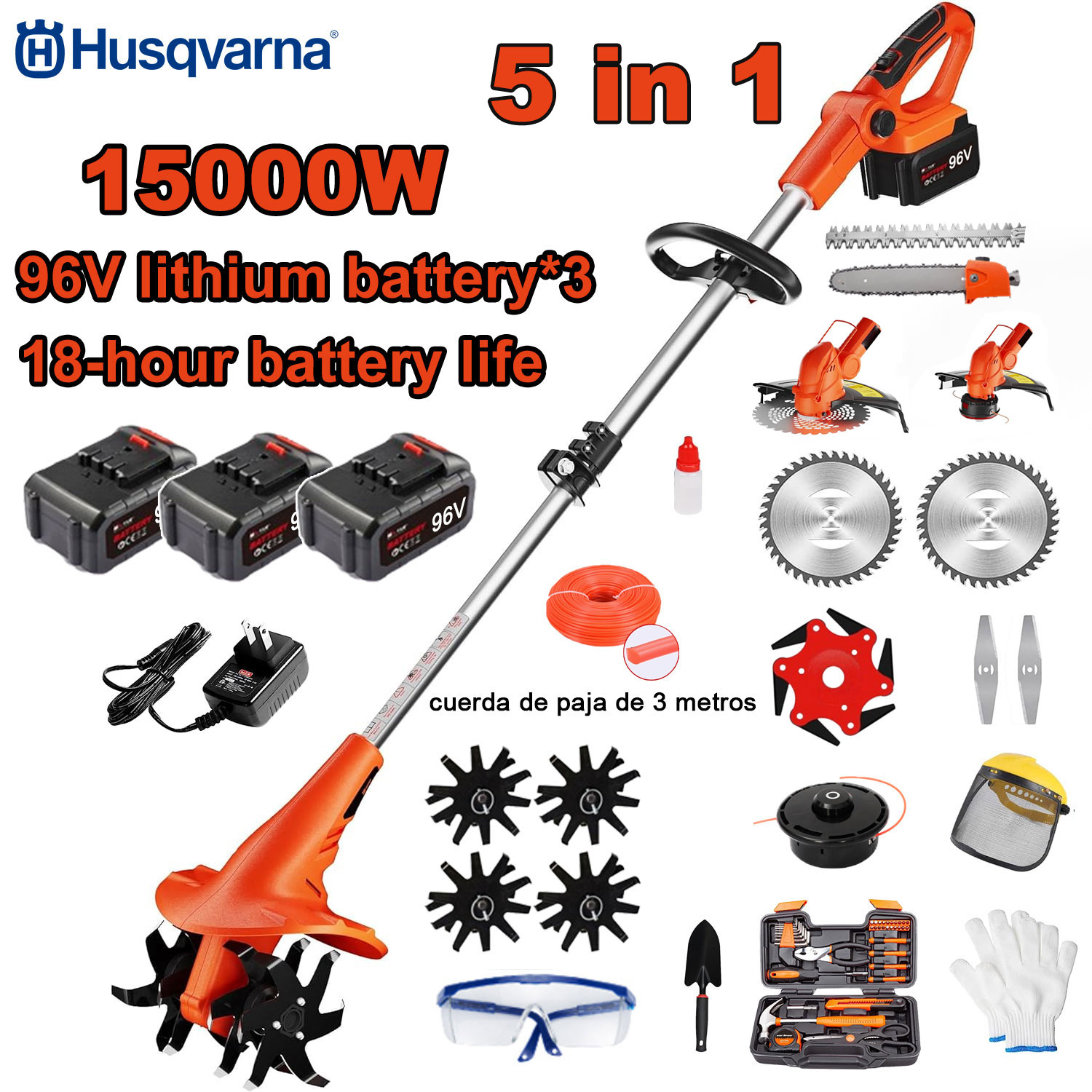 15000 W 5-in-1 Elektro-Grubber (zum Mähen, Baumschneiden, Bodenbearbeitung usw.) 96-V-Akku * 3 + Schnellladegerät + Grubber + Schneidkopf + 3 m Schneidfaden * 3 + Legierungssägeblatt + Klinge * 6 + gerade Klinge + komplettes Zubehörset