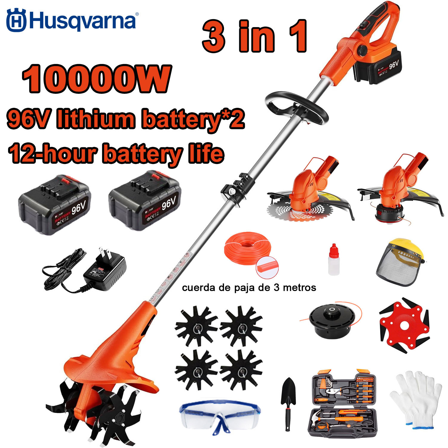 10000W visoko zmogljiv kultivator 3-v-1 (košnja, obdelava tal, obrezovanje trave) + 96 V baterija. *2+ hitro polnjenje + nož za motokultivator rezalna glava + 3 m rezalne vrvi 3+ kosilnica 6, celoten komplet dodatkov 