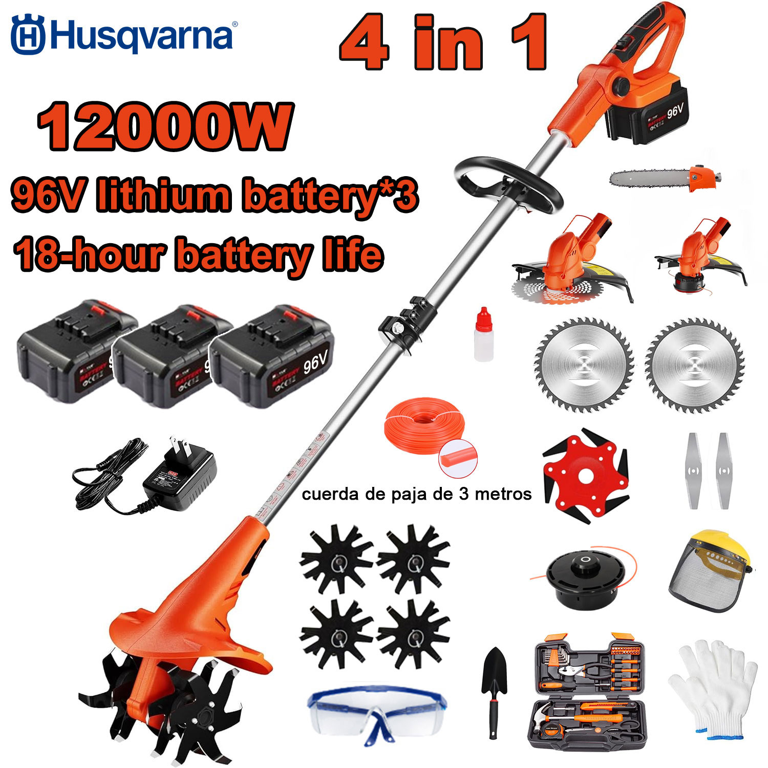 12000 W 4-v-1 električni kultivator (košnja, obrezovanje dreves, obdelava tal itd.) 96 V baterija*3+hitri polnilnik+kultivator+ rezilna glava+3m rezalna vrv*3+žagin list+rezilo*6+ravno rezilo+celoten komplet dodatkov 